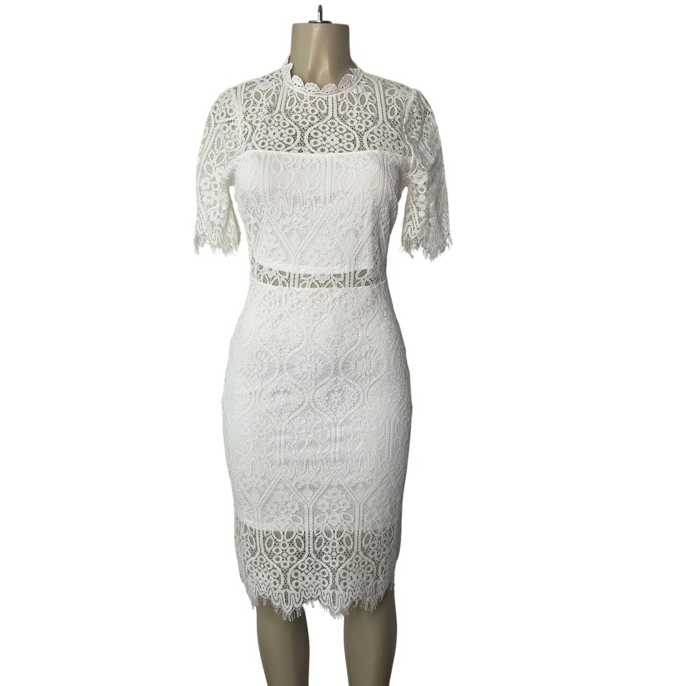 Lulus Dress Women S White Lace Sheath High Neck Short Sleeve Eyelash Cocktail